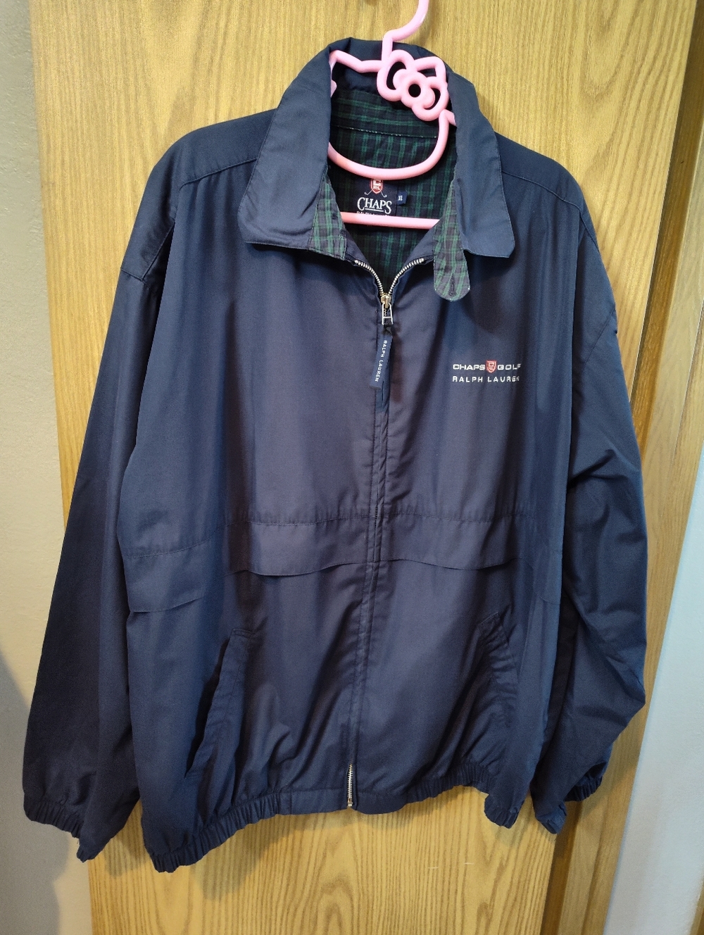 Chaps Navy Lightweight Zip Jacket with Tartan Collar